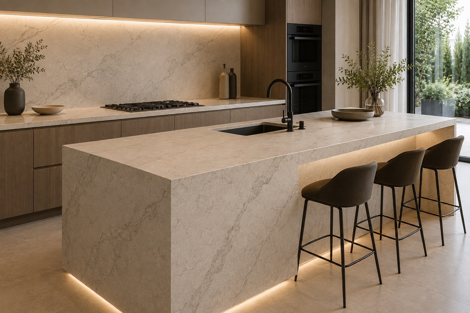 Engineered stone worktop with natural veining