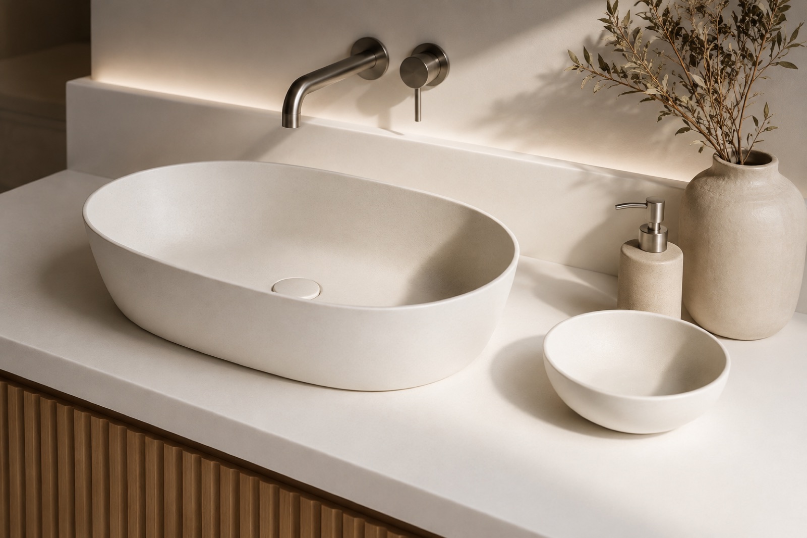 Seamlessly integrated solid surface bowl with no visible rim or join