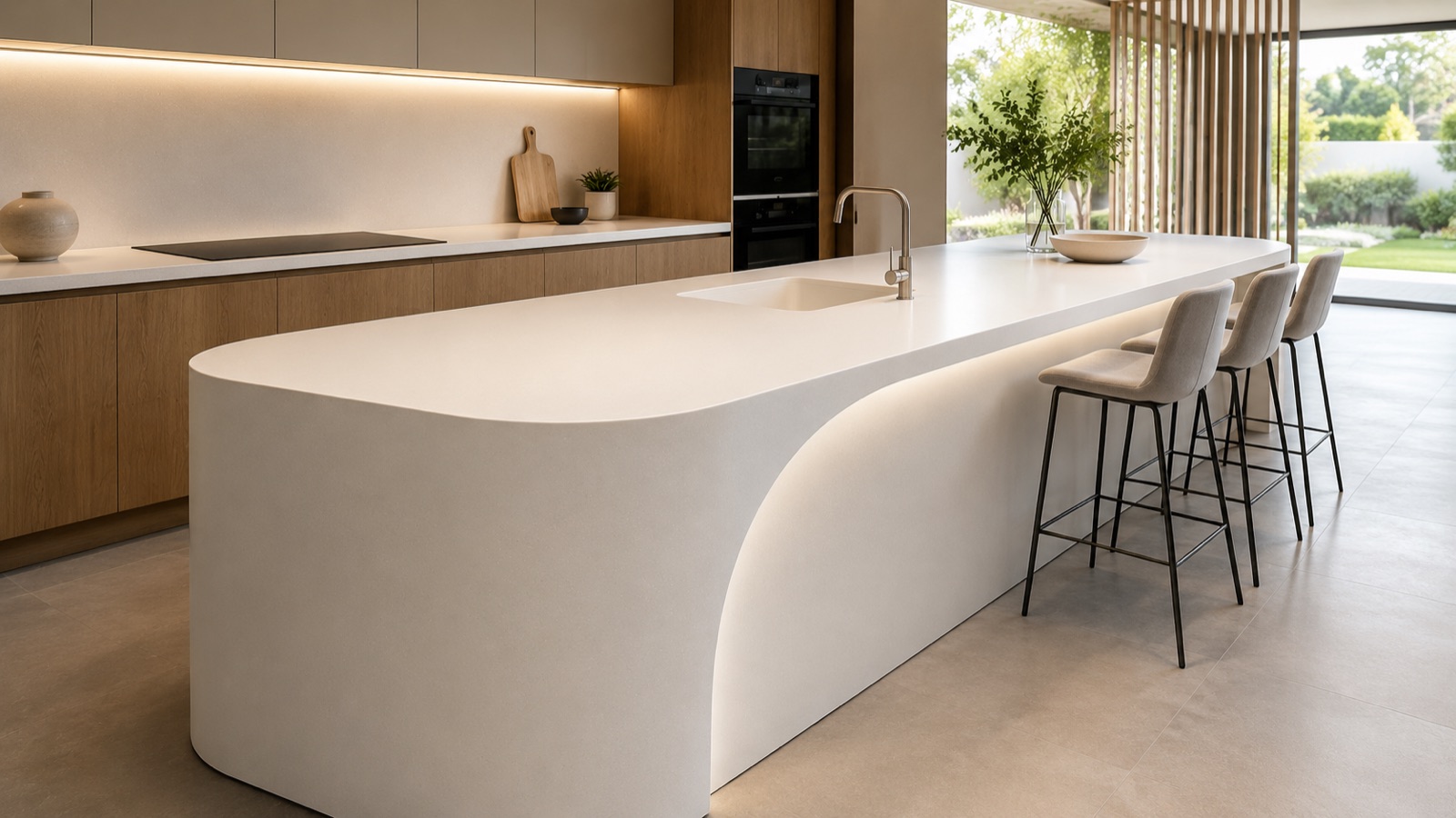 Curved thermoformed Staron solid surface island with an integrated bowl in a contemporary kitchen