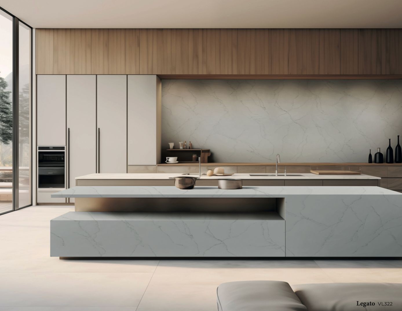 Kitchen island and splashback in Staron® Premier Legato VL322, with timber joinery