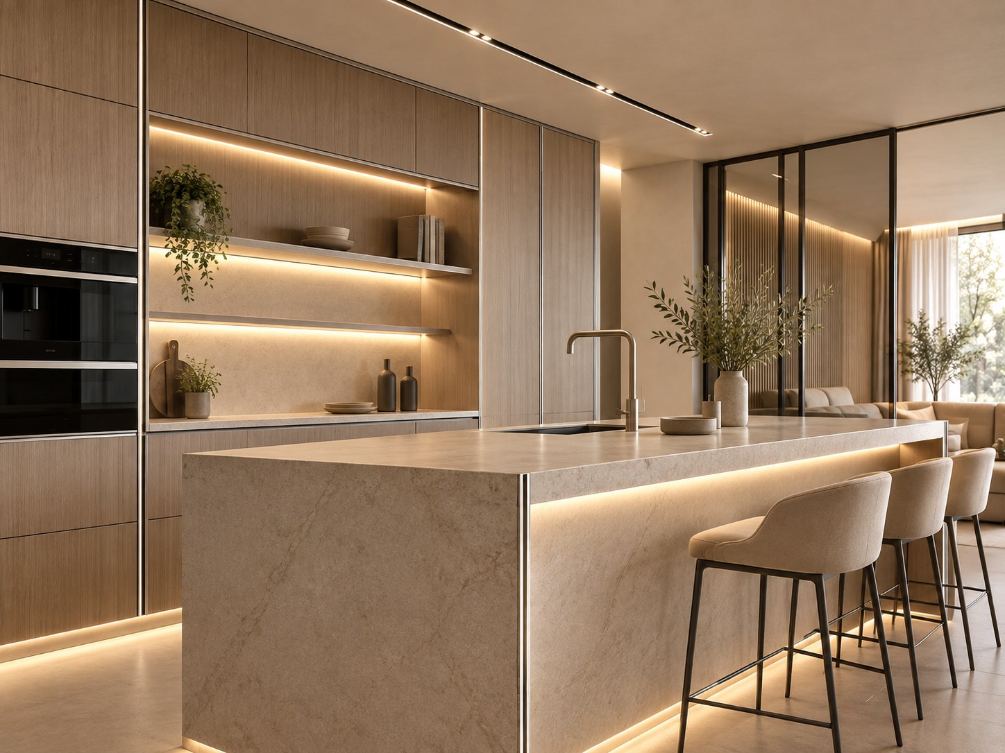 Kitchen with slim aluminium profile detailing to the cabinetry and shelving