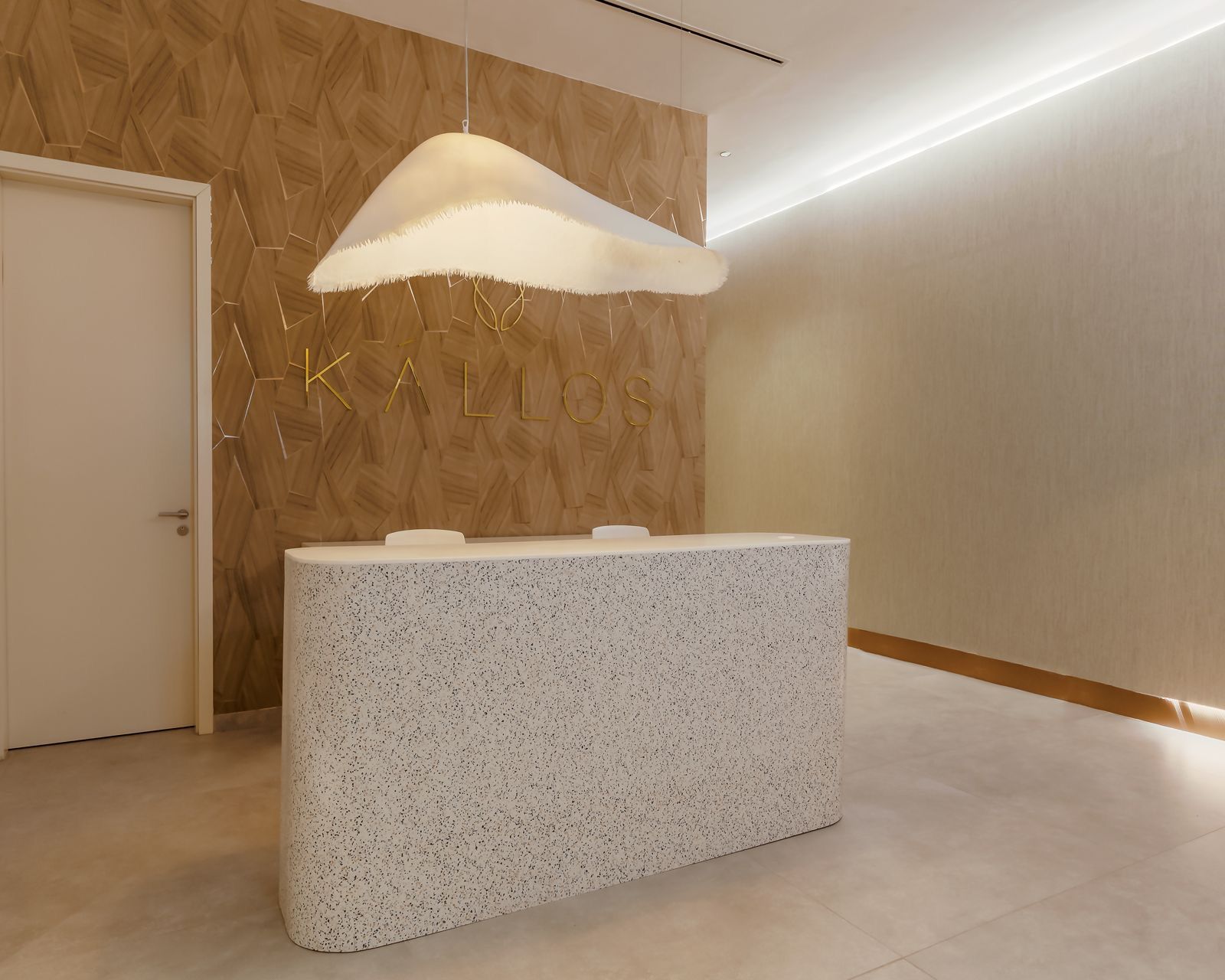 Terrazzo-finish reception desk in front of a geometric wood veneer wall at KALLOS
