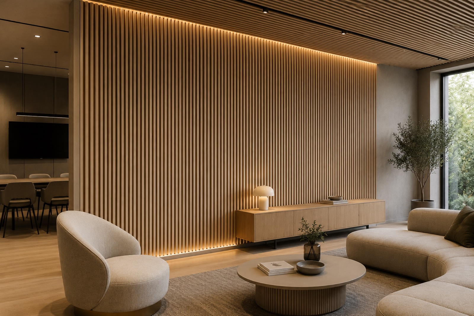 Slatted acoustic wall panelling in a contemporary interior