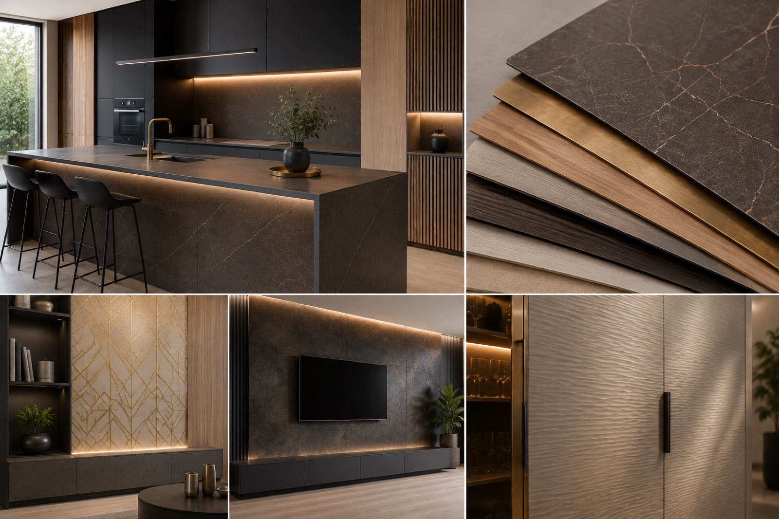 Decorative SIBU surface materials applied to walls and cabinetry